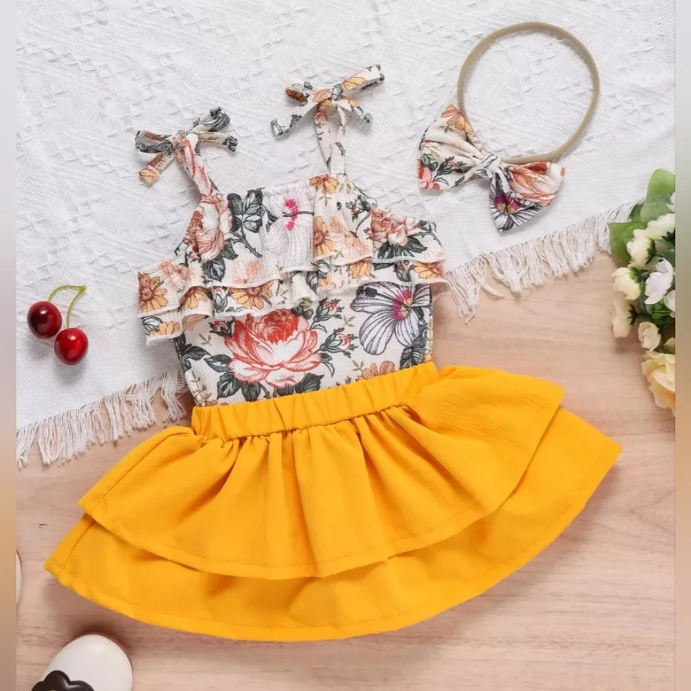 Girls Boho Floral Ruffle Outfit Set Mustard Tiered Skirt & Matching Bow Headband